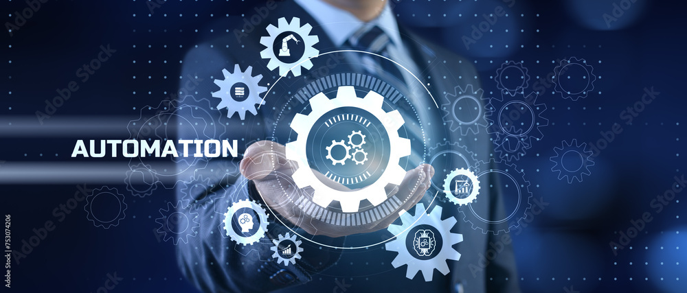 Poster automation innovation technology concept. businessman pressing button on screen.