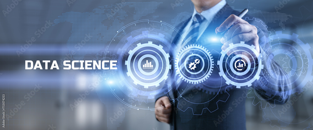 Poster data science analytics concept. businessman pressing button on screen.
