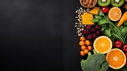 Fruits, Vegetables And Seeds On A Black Table - Top View - obrazy, fototapety, plakaty