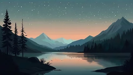 Foto op Canvas Forest Landscape Wallpaper, lagoon, river, ice, snow, sky, cartoon, animated, mountain. AI Generative © Tikitero