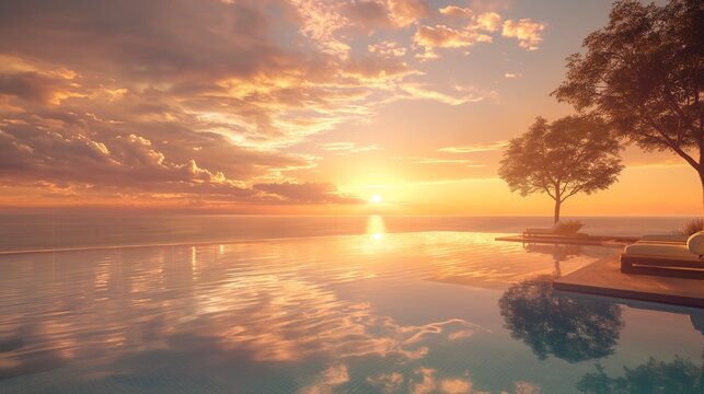 Sunset serenity in a high-quality image of an expansive pool, where the warm hues of the sky reflect off the shimmering water