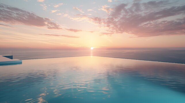 Sunset serenity in a high-quality image of an expansive pool, where the warm hues of the sky reflect off the shimmering water