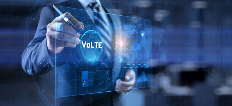 VoLTE Voice over LTE communication technology concept. Businessman pressing virtual button.