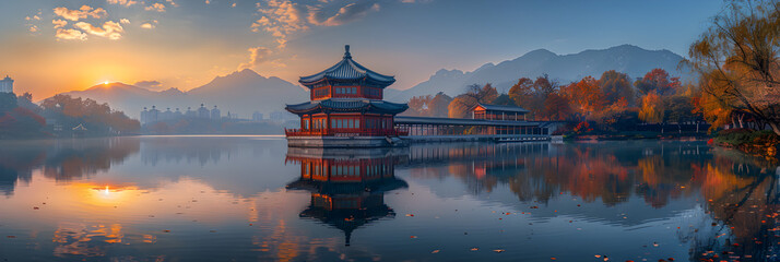 Fototapeta premium Yangju Pavilions of West Lake Landscape , Serene lakeside landscape in nagano 