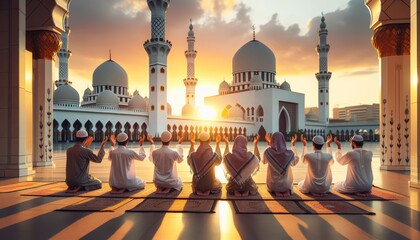 Muslims in the ritual of Islamic prayer namaz,kneeling in an Islamic mosque on the holiday Ramadan