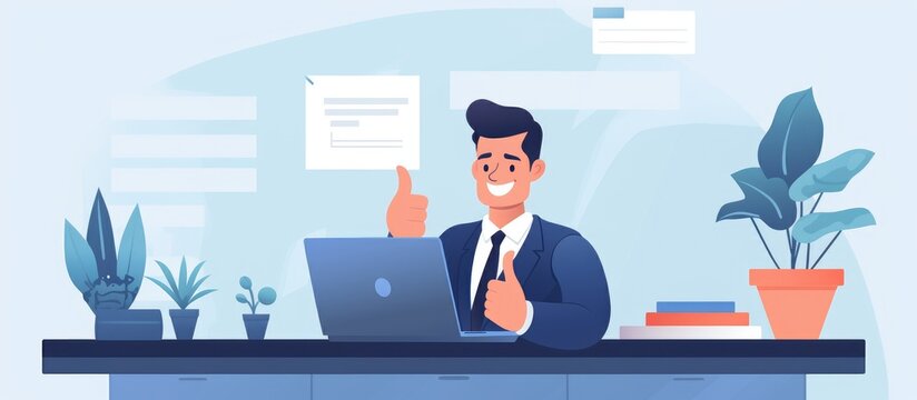 Happy man at task board giving thumbs up in office