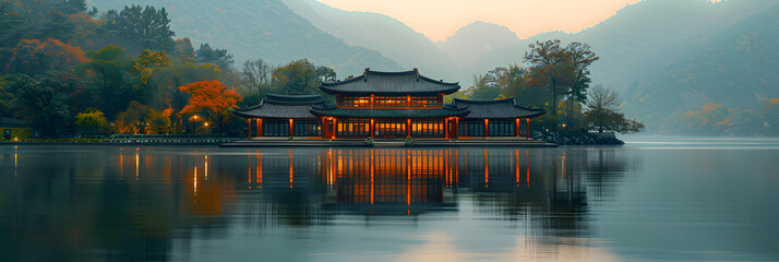 Yangju Pavilions of West Lake Landscape ,
Mountain with an illuminated pagoda gate in reflection
