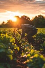 Fototapeta premium A farmer taking care of his crops in the field at sunset