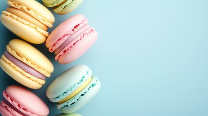 Macarons Sweet French Homemade Dessert, gift card, blue background, minimal creative concept. Delicious macarons, detailed. Grocery product advertising.