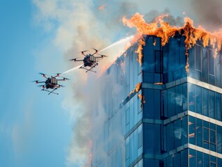 Drones extinguish a fire on the roof of a skyscraper in hot day, innovative technologies for emergency sevices