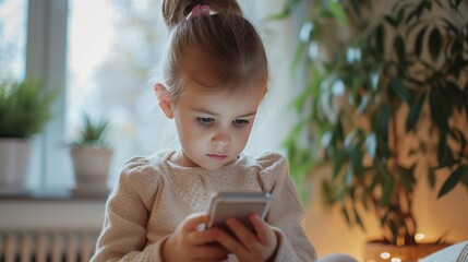 Little girl using smartphone at home panoramic banner. Cute child texting on mobile phone in her room. Communication, home study, connection, mobile apps, technology, children lifestyle concept.