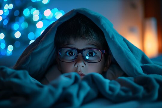 Small boy wearing glasses watching tablet or mobile phone at bed, blanket over his head. Bedtime blue light screentime can lead to worse eyesight.