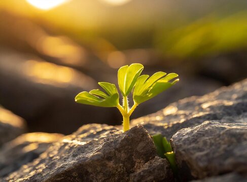 Tiny green sprout growing from the rocks. Concept of growth in adversity.