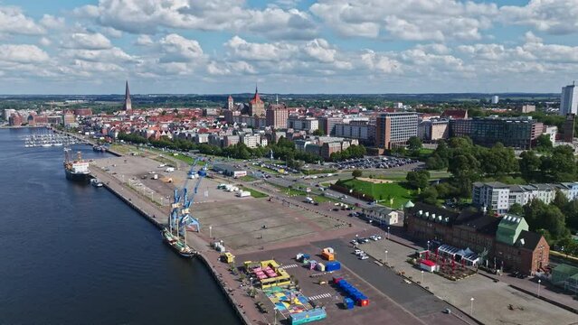 Aerial drone view of Die beiden Krane on the shore of the Unterwarnow River in Rostock, Germany.