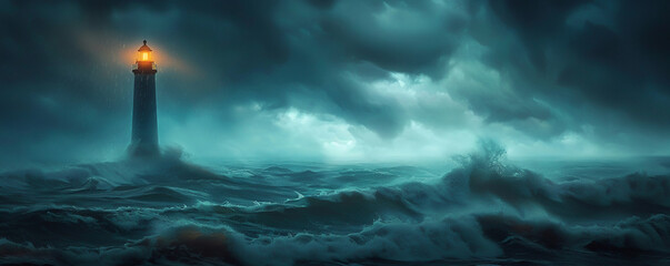 A solitary lighthouse on a stormy night guiding ships with its steadfast beam amidst the tumultuous sea