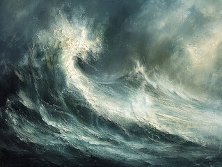 Abstract colossal waves crash blending ferocity with the calm of the sea