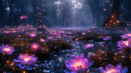 Enchanted forest at twilight with luminescent flowers and mythical creatures roaming