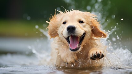 Golden Retriever puppy learning to swim water droplets in fur expressing delight and curiosity - obrazy, fototapety, plakaty