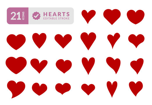 SET OF ICONS IN EDITABLE HEART SILHOUETTES. ELEMENTS WITH BEAUTIFUL HEART SYMBOLS, TO ILLUSTRATE THEMES OF ROMANCE, VALENTINE'S DAY AND IN LOVE. PIXEL PERFECT.