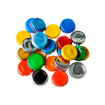 Many of colorful metal bottle caps. Isolated on transparent background.