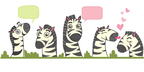 zebra cartoon set, zebra head in different poses,a happy zebra,cute,in love,a couple zebra,vector isolated set,goofy,cute,funny,and smiley zebra. © Nidhi