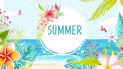 Fototapeta na wymiar Summer Beach Scene with Palm Trees, Flowers, and Ocean Waves