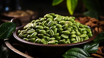 green coffee beans in a copper pot close-up health