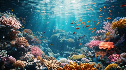 Tropical sea underwater fishes on coral reef. Aquarium oceanarium wildlife colorful marine panorama landscape nature snorkel diving