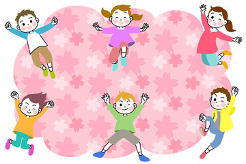 イラスト素材：元気いっぱいにジャンプする子供たち　桜フレーム