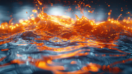 Digital art of a dynamic splash with fiery orange tones against a deep blue water background, depicting energy and contrast.