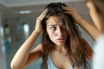 Portrait of young woman looking at her reflection with scared nervous expression as she notices bad signs like scalp dandruff, hair thinning