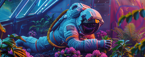 Astronaut and botanist cultivating extraterrestrial plants in an intergalactic greenhouse - obrazy, fototapety, plakaty