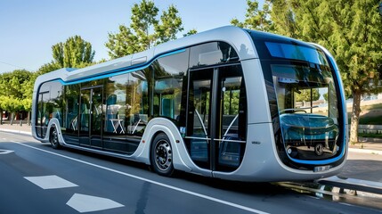Modern futuristic autonomous bus on city street. public transport evolution concept. environmentally friendly transportation. AI