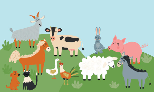 Farm animals with landscape - cow, pig, sheep, horse, rooster, chicken, donkey, hen, goose, goat, cat, dog. Cute cartoon vector illustration in flat style