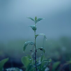 sapling, dew drops on top, isolated in Fogg 