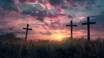 Three wooden crosses silhouetted against a vibrant sunset sky. symbolic, peaceful dusk scenery. serene landscape photo for spiritual themes. AI