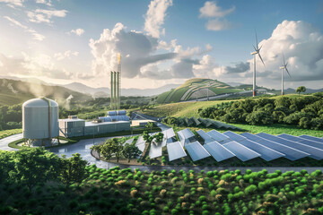 A modern sustainable energy facility with solar panels, wind turbines, and biogas plant surrounded by lush greenery under a clear sky..