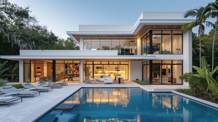 Fototapeta premium Modern White House with Pool Oasis and Tropical Sunrise