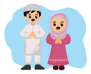 cute cartoon muslim kid couple saying happy greeting ramadan