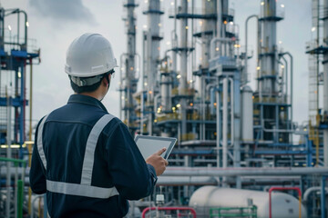 Fototapeta premium Male engineer with tablet in front of oil refinery