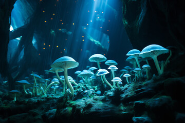 Glowing mushrooms colony in a subterranean cavern. Generative AI - obrazy, fototapety, plakaty