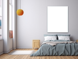 Mock-up of picture on the wall in a room with a large bed in gray tones