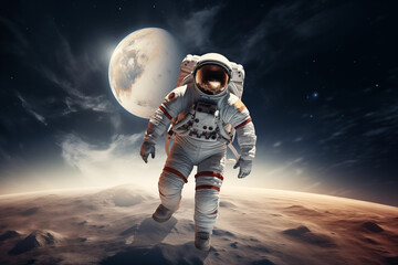 Naklejka premium Confident astronaut, adorned in a spacesuit against the backdrop of a distant planet. Generative AI