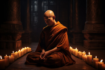 Contemplative monk, his serene countenance illuminated by the soft glow of candlelight. Generative AI