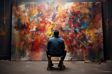 Contemplative artist seated in front of a canvas. Generative AI - obrazy, fototapety, plakaty