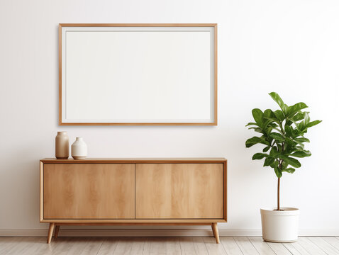 Picture mockup on the wall in a living room with a wooden sideboard and green plants. Frame for posters