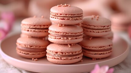 Obraz na płótnie Canvas Delicious pink macarons on a plate against a soft background. sweet french pastries, perfect for dessert. fresh, delicate and gourmet treats. AI