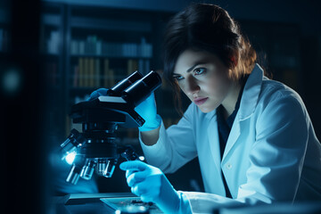 Medical researcher, peering through a microscope in a laboratory. Generative AI