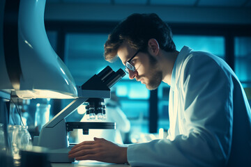 Determined medical researcher, peering through a microscope in a laboratory. Generative AI