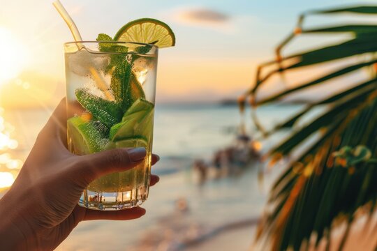 Hand holding mojito cocktail on beach, fresh summer drink with lime and mint, tropical paradise resort background with sea view 
